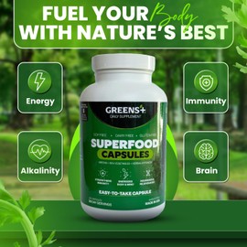 Greens+ Organic Superfood Capsules, Organic Spirulina and Chlorella, with Alfalfa & Wheat Grass, Vitamins & Minerals Supplements, Gluten-Free, Vegan, Non-GMO, 240 Count