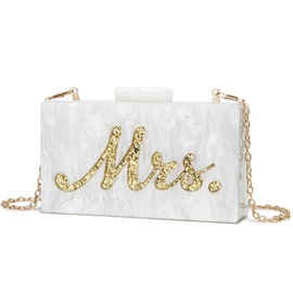 MRS - Bolso de mano para mujer, bolso de mano de acrílico para fiesta de novias, Blanco/Dorado (WHITE GOLDEN), 6.92in x 1.77in x 3.85in