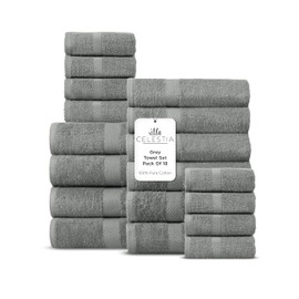 Villa Celestia 100% Cotton Bath Towel Set of 18-4 Bath Towels, 6 Hand Towels, 8 Wash Cloths, Sustainable, Soft, Highly Absorbent, Combed Cotton 18 Piece Set for Hotels, Spa, Bathroom, Dorm, Grey