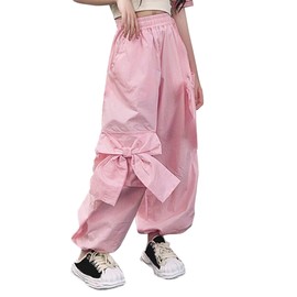 Ecolala Girls Bow Wide Leg Cargo Pants Elastic Waist Hip Hop Pants with Pocket Pink 7-8Y
