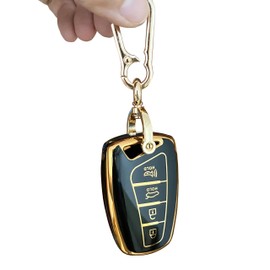 QIXIUBIA for Hyundai Key Fob Cover Smart Key Shell with Gold Keychain Fit for Hyundai Genesis Santa Fe Equus Azera Car Smart Keys (Black)