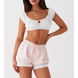 Womens Y2k Ruffle Shorts Gingham Bow Tie Front Lace Trim Lolita Elastic Low Waist Pumpkin Pants Bloomer Shorts(Pink, M)