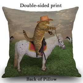 Smooffly Funny Cat Tropical Leaves Cushion Cover 18 x 18 Inch The Cat Cowboy on a Horse Decorative Throw Pillow Cover Cotton Linen Square Pillowcase for Sofa Couch Car Bedroom Home Décor, 45cm x 45cm