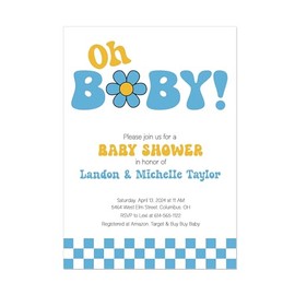 Checkered Retro Daisy Baby Shower Invitation in Blue, Pink or Green