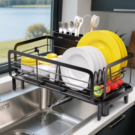 VMAEB Dish Drying Rack for Kitchen Counter - Extendable Dishes Racks Stainless Steel Large Sink Utensil Strainer Kitchen with Dish Drainer Bottle Drying Rack