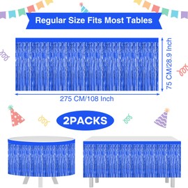 Morcheiong 2 Pack 29.5x108 Inch Blue Foil Fringe Tinsel Table Skirts Disposable Table Skirt Banner for Rectangle Tables Tinsel Backdrop Curtain Party Supplies Wedding Parade Floats Decorations