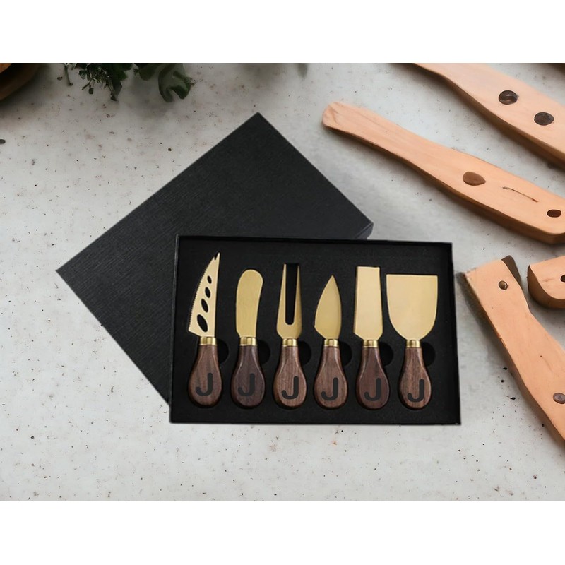 6 Piece Cheese Knife Set with Wooden Handle (Gold)