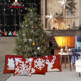 WOMHOPE Christmas Throw Pillow Covers Velvet Embroidery Vintage Cushion Covers for Decoration Sofa Couch Bed Santa Deer Snowflake (Red (Pack of 4))