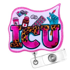 ICU Nurse Badge Reel | ICU RN Nursing Nurses ID Card Retractable Holder Clip | Pink Glitter Hospital Work Intensive Care Unit Registered Nurse Gifts Essentials Supplies Accessories Accessory