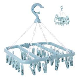 Rainfordhoma Clothes Drying Rack with 32 Clips, Foldable Hanging Rack, 360° Rotatable Hook for Drying Socks Baby Clothes Towels Gloves(Light Blue)
