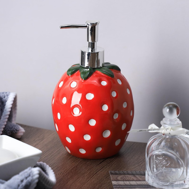 Bicuzat Large Capacity Ceramic Red Strawberry Shaped Soap Dispenser with