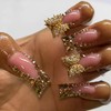 Gold French Tip False Nails Long Square Shape with Butterfly