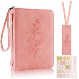 Pink Bible Cover Case for Women Girls,Large Bible Covers with Tabs,PU Leather Bible Cover with Detachable Wristband,Minimalist Floral Design,Bible Holder with Carrying Handles,Valentine's Day Gifts