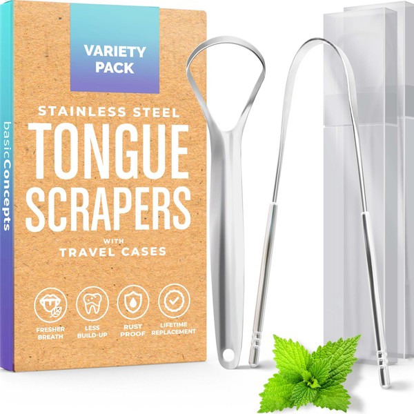 BASIC CONCEPTS Tongue Scraper for Adults (2 Pack Variety + 2 Cases), Tongue Cleaner for Adults, Reduce Bad Breath, Stainless Steel Tongue Cleaners, Metal Tounge Scrappers, Tongue Scrapers for Adults