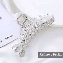 Fishbone Hair Clips Claw Non-Slip Fish Shaped Hair Claw Clips for Women and Girls - Big Metal Fishbone Hair Jaw Clamps for Secure Hair Styling and Accessories (Silver Fishbone)
