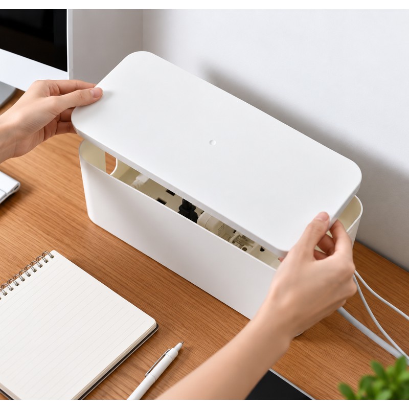 Desktop Cable Storage Box, Dustproof Power Strip and Socket Organizer