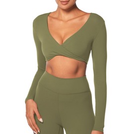 Sunzel Women's Long Sleeve Crop Top Buttery Soft Deep V Twist Workout Tee with Compression for Yoga Pilates Gym Olive Green Small