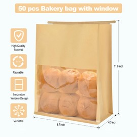 Pack of 50 Paper Bread Bags for Home Bread Sourdough Bread Bakery Storage Bags with Window, Large Bakery Bread Loaf Bags for Baked Goods Packaging (11'' X 8.7'' X 4.3'') (Kraft + White)