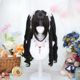 Laubao Shopping Gothic Lolita Twin-Tail Cosplay Wig, Wavy, Long Curl, Black, Perm, Curly Hair, Princess Cut, Mine-style, Harajuku Style, GAL, Wig, Halloween Costume, Princess, Mori Girl, Small Face,