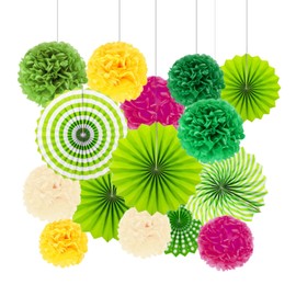 siawadeky 15pcs Hawaiian Decorations Set Fashion Summer Party Decorations Paper Fan Pom Pom Hanging Decoration Tropical Jungle Tropical Style Wall Hanging Decoration Birthday Summer Festival Fireworks