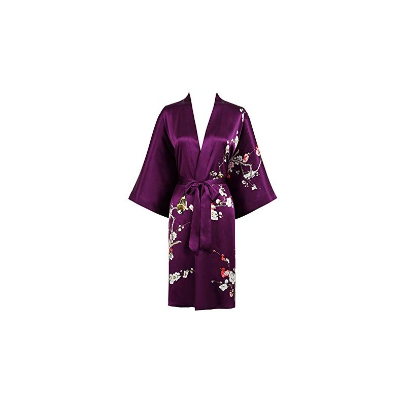 Grace Silk 100% Silk Short Robe Kimono, Plum Blossoms, Purple