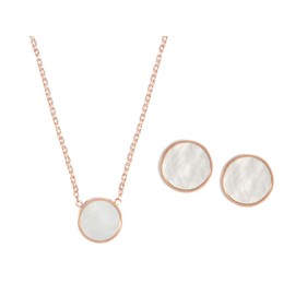 Happiness Boutique Women's Mother of Pearl Jewellery Set in Rose Gold 2-Piece Filigree Necklace with Pendant and Round Stud Earrings Stainless Steel Jewellery, Rose Gold Stainless Steel, Mother of