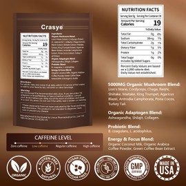 Organic Low Caffeine Mushroom Coffee 11 Superfood Instant Mushrooms Coffee with Ashwagandha, Shilajit, Lion's Mane, Reishi, Chaga & Collagen Arabica Coffe Powder Ground for Focus, Energy, Digestion and Immunity 30 Servings Cafe De Hongos