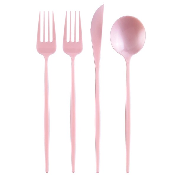 Sleek Design Disposable Flatware Set for Baby Shower (96 PC) Plastic Silverware Set for 24-24 Plastic Spoons, 24 Knives, 48 Forks - Heavy Duty Disposable Cutlery Set - Opulence Collection - Blush