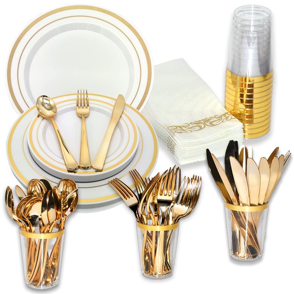 Gold Plastic Dinnerware Set - 105 Pcs - Service for 15 - Gold Plates, Gold Salad Plates, Gold Cups, Napkins, Gold Forks, Knives & Spoons - Party Plates with Cutlery and Utensils (Gold)