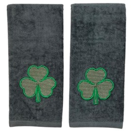 St. Patrick's Day Irish Kitchen Bath Guest Hand Towels: Soft Absorbent Embroidered Single Green Shamrock Clover Design on Grey Gray, 16" x 25", 100% Terry Velour Cotton Oeko-TEX Certified, 2 Pc Set