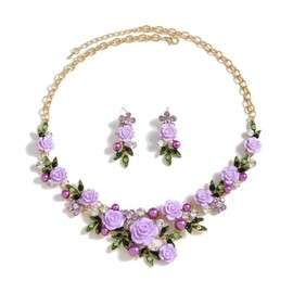 Pink Rose Flower Necklace Dangle Drop Earrings Set for Women Girls Hypoallergenic Chunky Noble Diamond Crystal Pearl 3D Floral Cluster Green Leaf Statement Choker Collar Prom Party Jewelry (Amethyst)