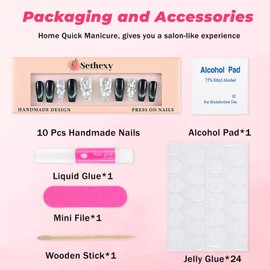 Sethexy Glitter Rhinestone Long Coffin Fake Nails Cat Eye Handmade False Nails Green Crystals Glossy Press on Nails Salon Durable Quality Nails for Women and Girls 10Pcs（C）