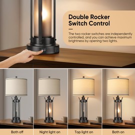 QiMH Farmhouse Table Lamps for Living Room, Beside Lamps for Bedroom with USB A+C Charging Ports, Rustic Nightstand Lamp Set of 2 with Frosted Glass Night Light, 4 Bulbs Included (Black)