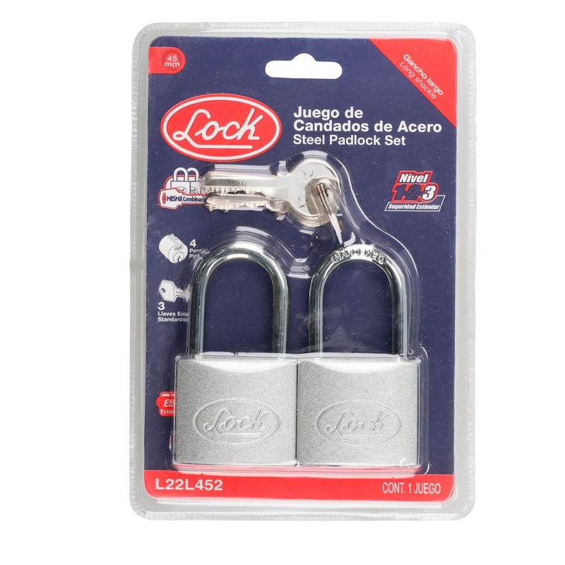 Lock L22L452 Juego de candados de acero largos 45 mm,