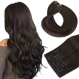 HOTBANANA Human Hair Clip in Hair Extensions, Dark Brown 80g Clip in Hair Extensions Real Human Hair Straight Remy Hair Clip in Hair Extensions 12 Inch 7pcs