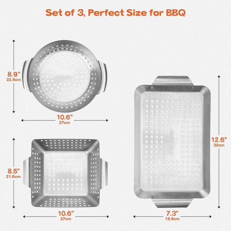 Onlyfire 3 Packs Grill Baskets, Heavy Duty Stainless Steel Perforated