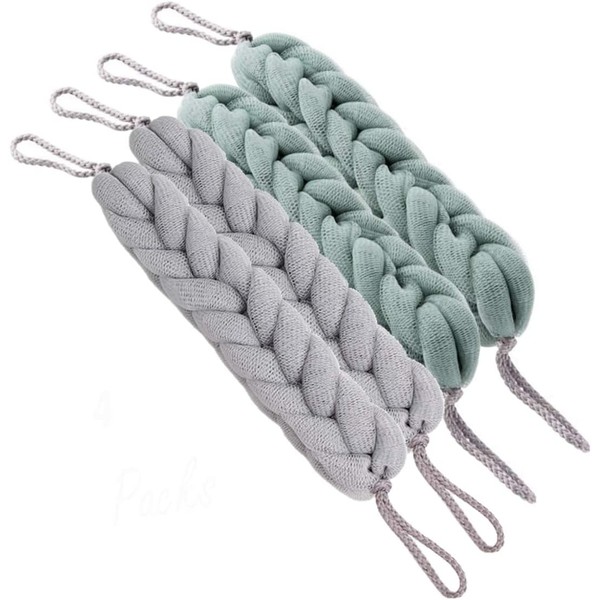 AARainbow 4 Packs Long Stretch Back Sponge with Rope Handles Back Scrubber Bath Shower Mesh Sponge Exfoliating Body Scrub Stretch Braided Loofah for Men and Women(2 Gray+2 Green)