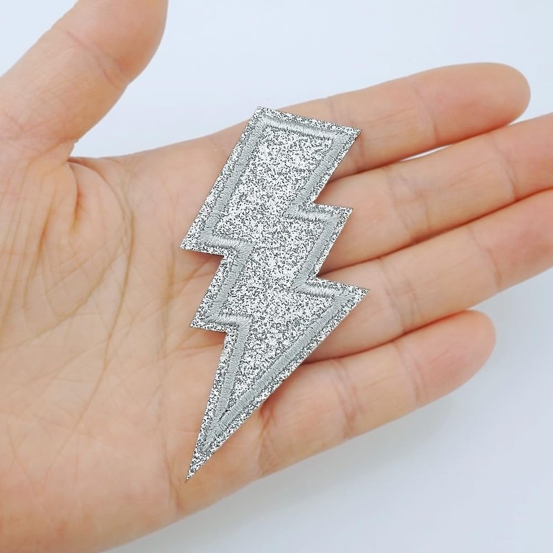 SaktopDeco 12 PCS Silvery Glitter Lightning Iron On Patches Embroidered