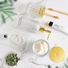 Gold Bathroom Accessories 4Pcs of Glass Bathroom Counter Organizer Set,Toothbrush Holders, Soap Dispenser, Apothecary Jar, Vanity Tray, Bathroom Decor Gifts