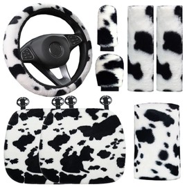 Pinbola 8 Packs Fluffy Car Seat Cover Full Set Cow Print Faux Wool Steering Wheel Cover Handbrake Shift Cover Center Console Pad Seatbelt Pads Universal Fit (A-Black)