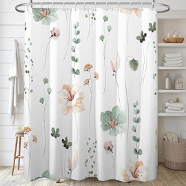 Floral Shower Curtain with pink flowers & green plant, Washable 3D printing botanical bath curtains with retro flower picture, Includes 12 hooks,For bathroom decor 180 x 180 cm
