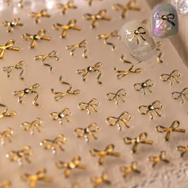 5D Embossed Bow Nail Art Stickers Gold Glitter Nail Design Stickers Ribbon Nail Stickers Self Adhesive Gold Bow Nail Decals with Glitter Rhinestones Design for Women Girls DIY Nail Art Supplies