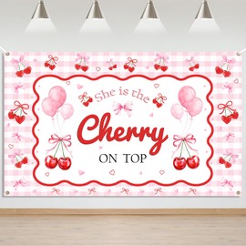 Mocsicka She's The Cherry on Top Baby Shower Backdrop Banner for Girl Cherry Theme Coquette Bridal Shower Decorations Pink Bow Party Decor Cherry Bride to Be Engagement Party Decor