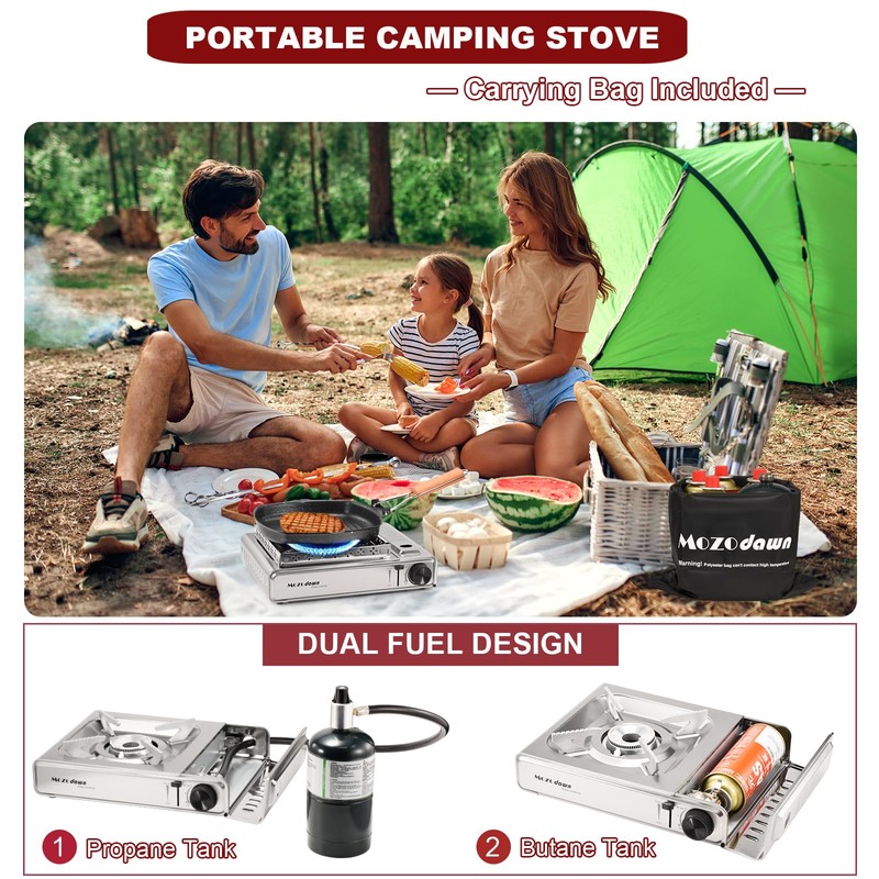 MOZODAWN Dual Fuel Camp Stove with Butane and Propane Compatibility,
