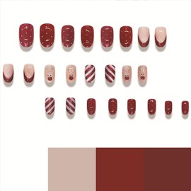 Red French Tip Press on Nails Short Oval Fake Nails with Elk Snowflake Design Glossy False Nails Red White Stripes Acrylic Nails Full Cover Stick on Nails Christmas Nails for Women Girls 24 Pcs