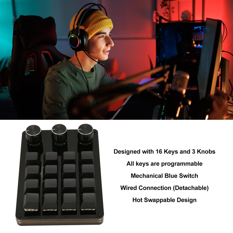 Programmable Keypad 16 Keys 3 Knobs Blue Switch Mechanical Hot