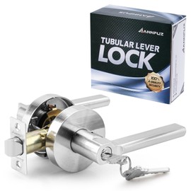 ANNFUZ Round Heavy Duty Entry Door Lever Handle Lock With Key for Office/Front Door,Entrance Interior Exterior Door Knob Hardware,Lockable,Not Keyed Alike,Reversible for Left/Right Side,Brushed Nickel