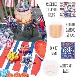 4th of July Photo Booth Props - 41-pc Photobooth Kit with 8 x 10-Inch Sign, 60 Adhesive Pads, 45 Sticks - 4th of July Party Decorations - Patriotic Party Supplies - American Party Decorations