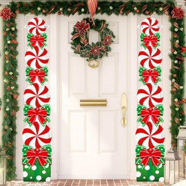 2 Pcs Candy Christmas Porch Sign Banner Candyland Lime Green Red Peppermint Xmas Door Decoration Lollipop Candy Cane Hanging Decorations for Outdoor Indoor Yard Garden Wall Decor, 71 Inch