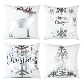 ONWAY Christmas Decorations Silver White Throw Pillow Covers 18x18 Set of 4 Snowflakes Reindeer Decorative Cushion Cases Xmas Decor for Couch Sofa Bedroom